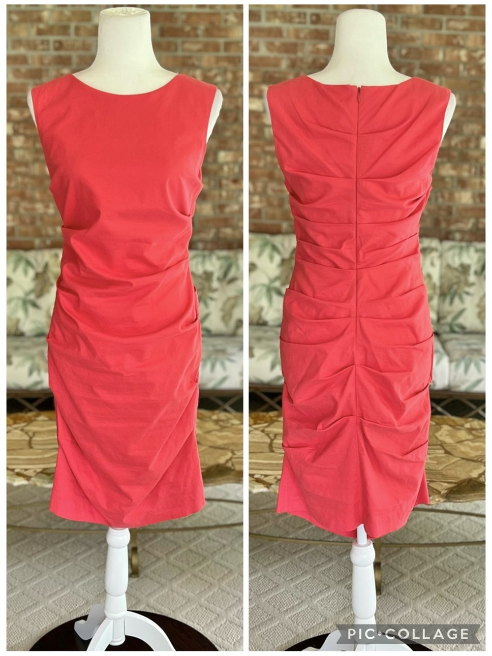 Nicole Miller Coral Pintuck Ruched Bodycon Linen Blend Sleeveless Dress 6 Party